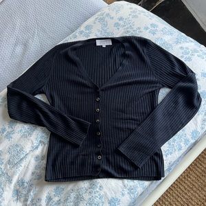 la ligne navy fine lines silk cashmere cardigan